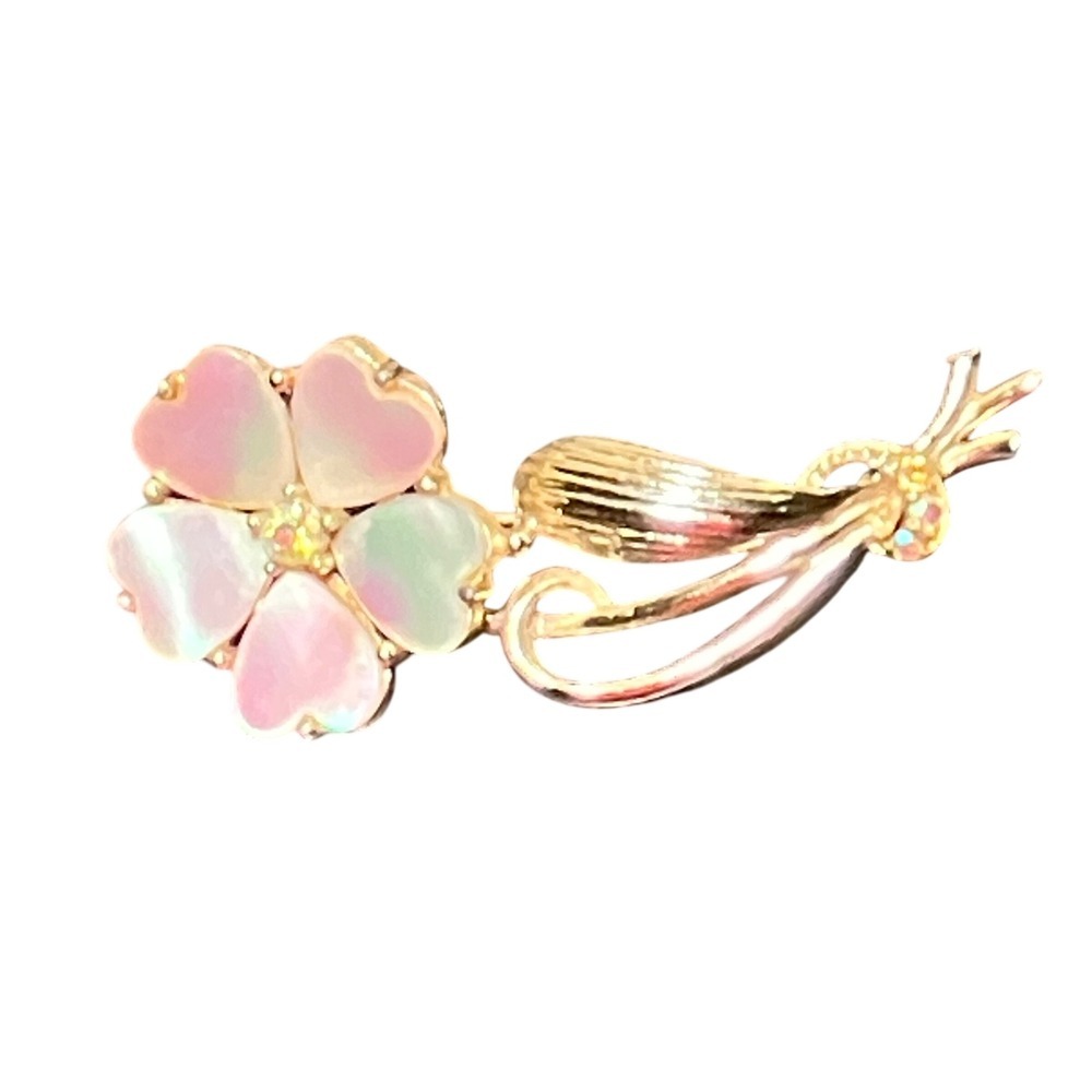 Vintage Mother of Pearl Flower Brooch Womens Gold Tone Pink Heart Petal